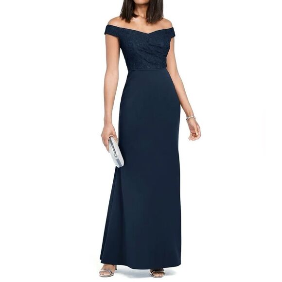 NWT Adrianna Papell Navy Blue Lace Crepe Formal Evening Gown OTS Dress Size 2 - Picture 16 of 16